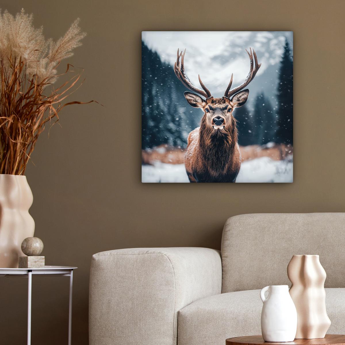 LEINWANDBILD Hirsche - Tiere - Landschaft - Winter - Schnee Wandbild Wohnzimmer 50x50 cm - Kastanienfarben, Textil (50/50cm) - MuchoWow