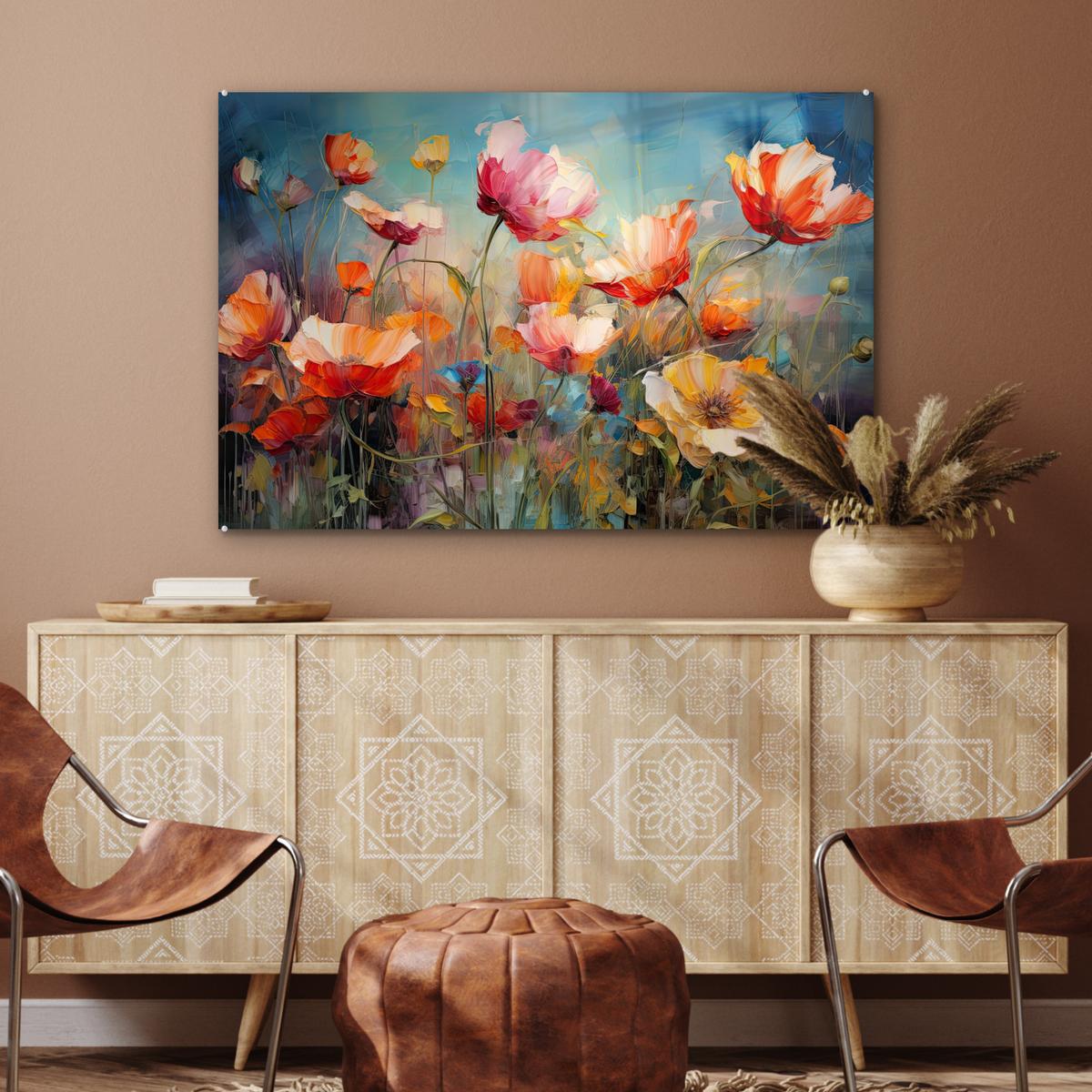 ACRYLGLASBILD Blumen - Aquarell - Kunst - Botanisch - Natur Wandbild Schlafzimmer 120x80 cm - Orange, Glas (120/80cm) - MuchoWow
