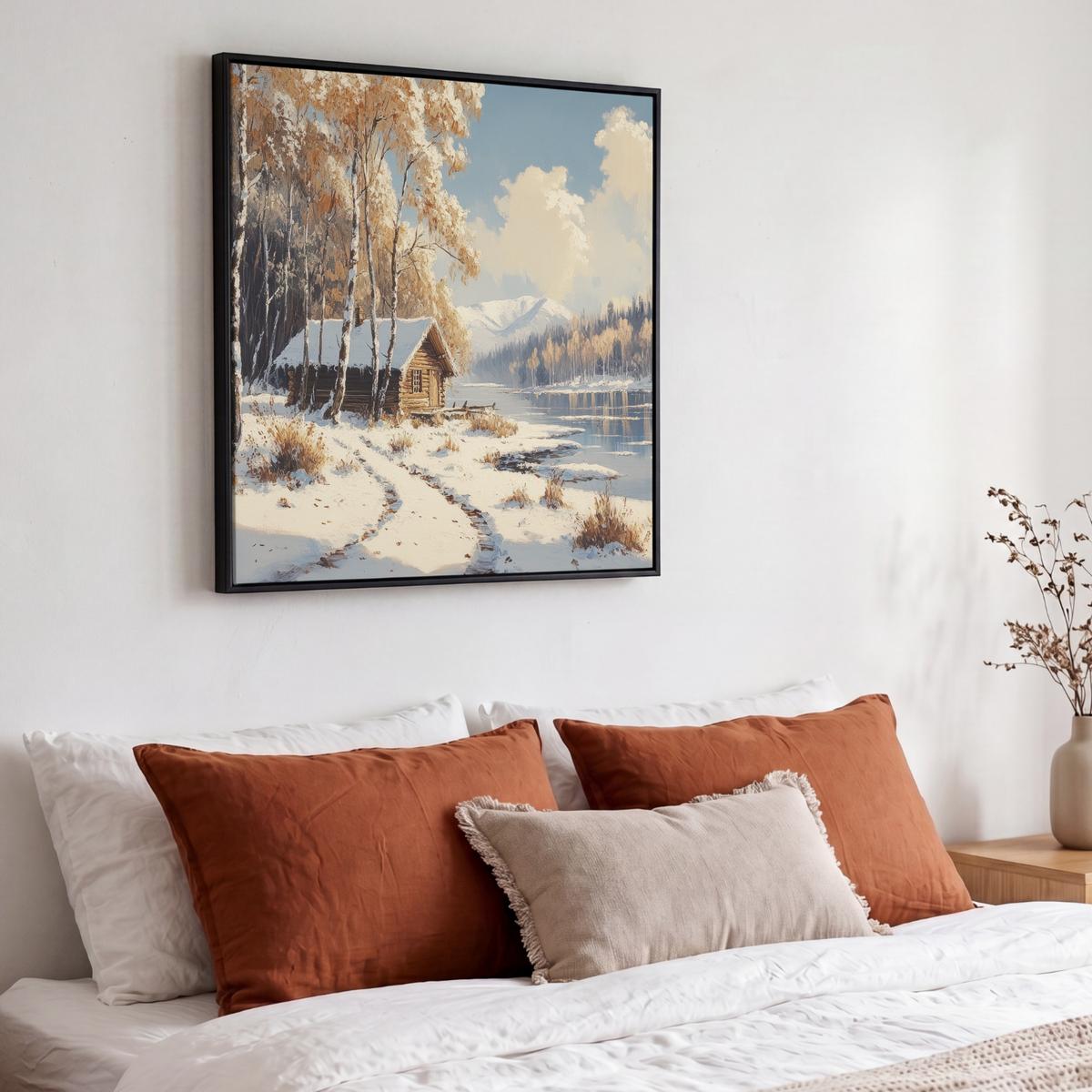 LEINWAND Bilder mit Rahmen - Winter - Schnee - Zuhause - Natur - 50x50 - Hellbraun, Textil (50/50cm) - MuchoWow