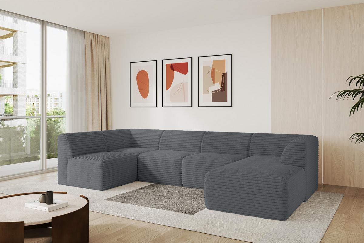 WOHNLANDSCHAFT Ottomane Rechts MOVO-L 345x180x78 cm Dunkelgrau Cord - Alufarben, Holzwerkstoff/Kunststoff (180/78/345cm) - ALTDECOR