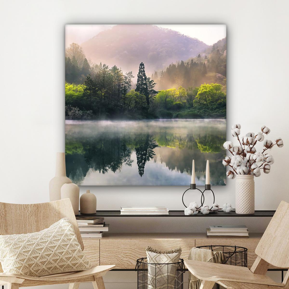 LEINWANDBILD Natur - Bäume - Berge - See - Wasser Deko Groß 90x90 cm - Hellgrün, Textil (90/90cm) - MuchoWow
