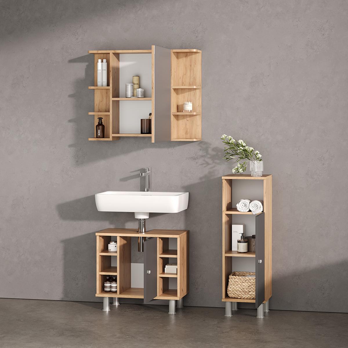BADMÖBEL-SET Fucino Eiche 3 Teile, mit Midischrank - Eichefarben, Holzwerkstoff (79/64/21cm) - Livinity®