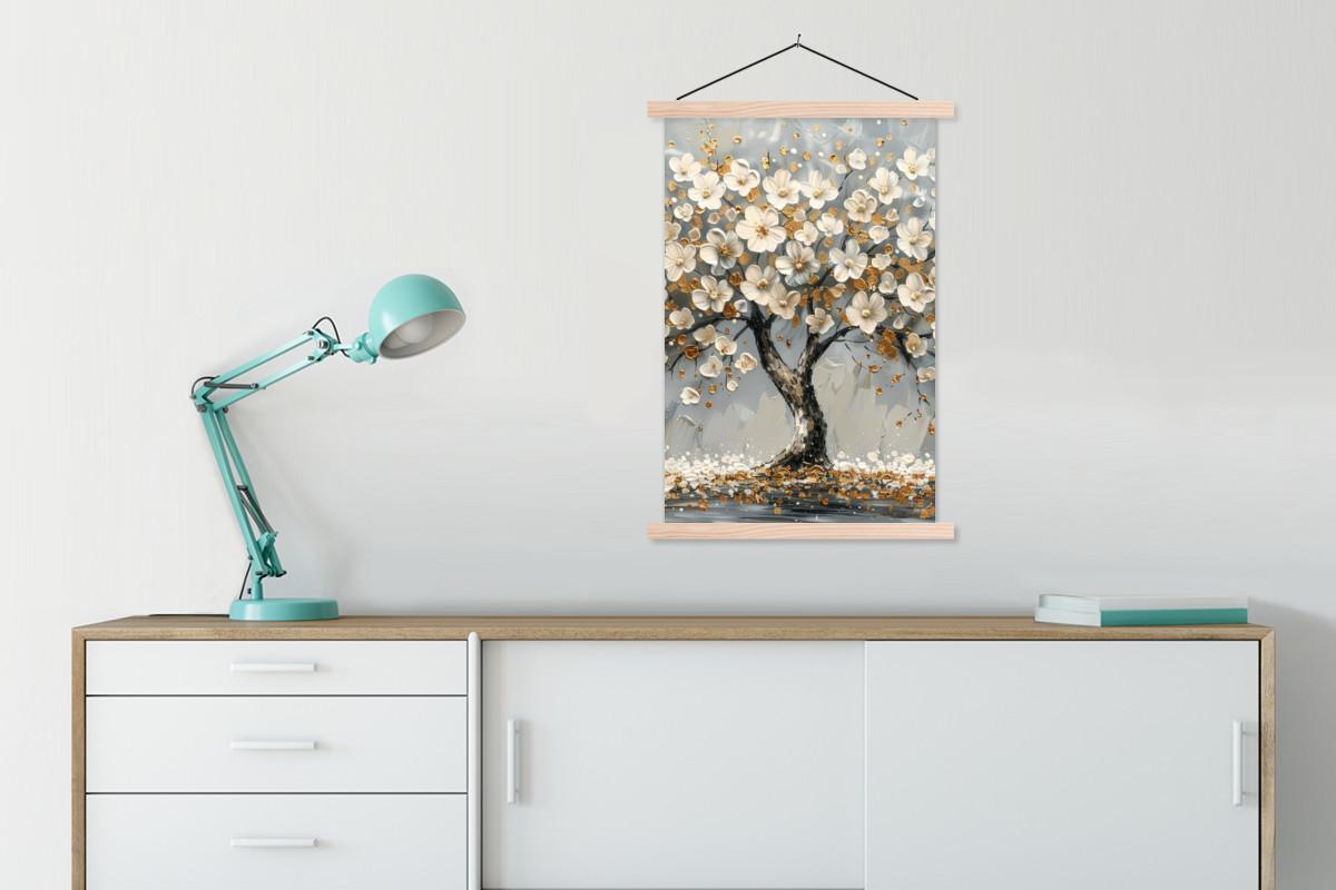 POSTER MIT MAGNETLEISTEN Baum - Blumen - Weiß - Natur - Kunst Wandbild Schlafzimmer 60x90 cm - Weiß, Textil (60/90/0.15cm) - MuchoWow