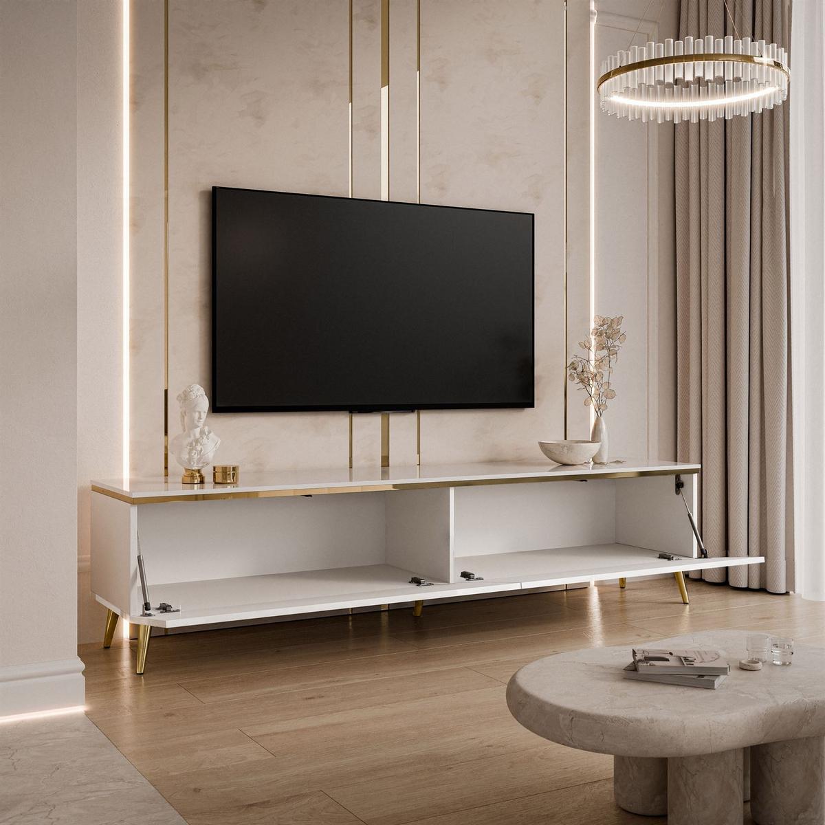 TV-LOWBOARD AURORA Weiß mit schräge Goldchrom Fuße - Weiß Hochglanz/Goldfarben, Holzwerkstoff/Metall (180/45/40cm) - Lookway