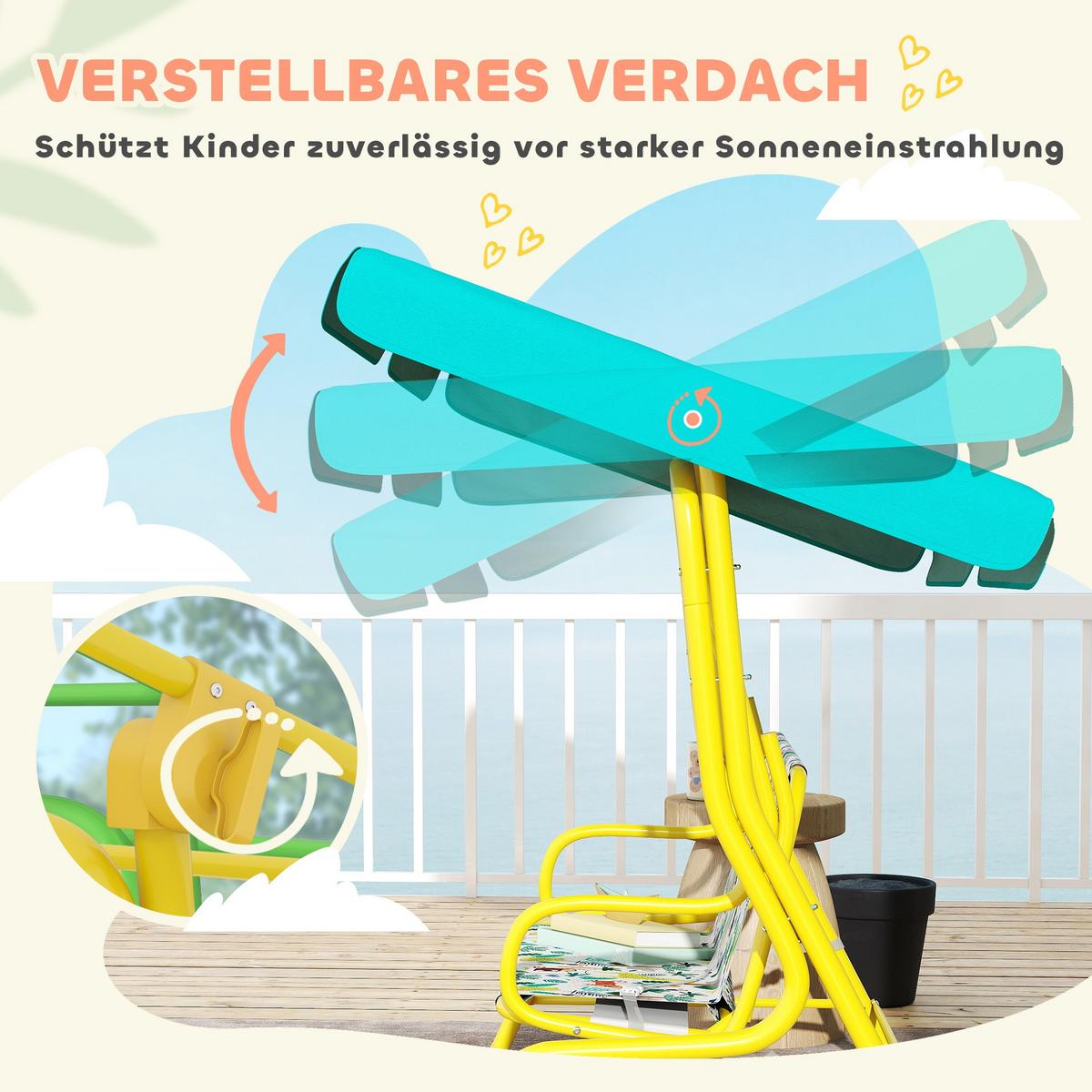 KINDER Hollywoodschaukel, 2-Sitzer Kinderschaukel mit verstellbarem Sonnendach - Gelb/Grün, Textil/Metall (75/120/112cm) - AIYAPLAY