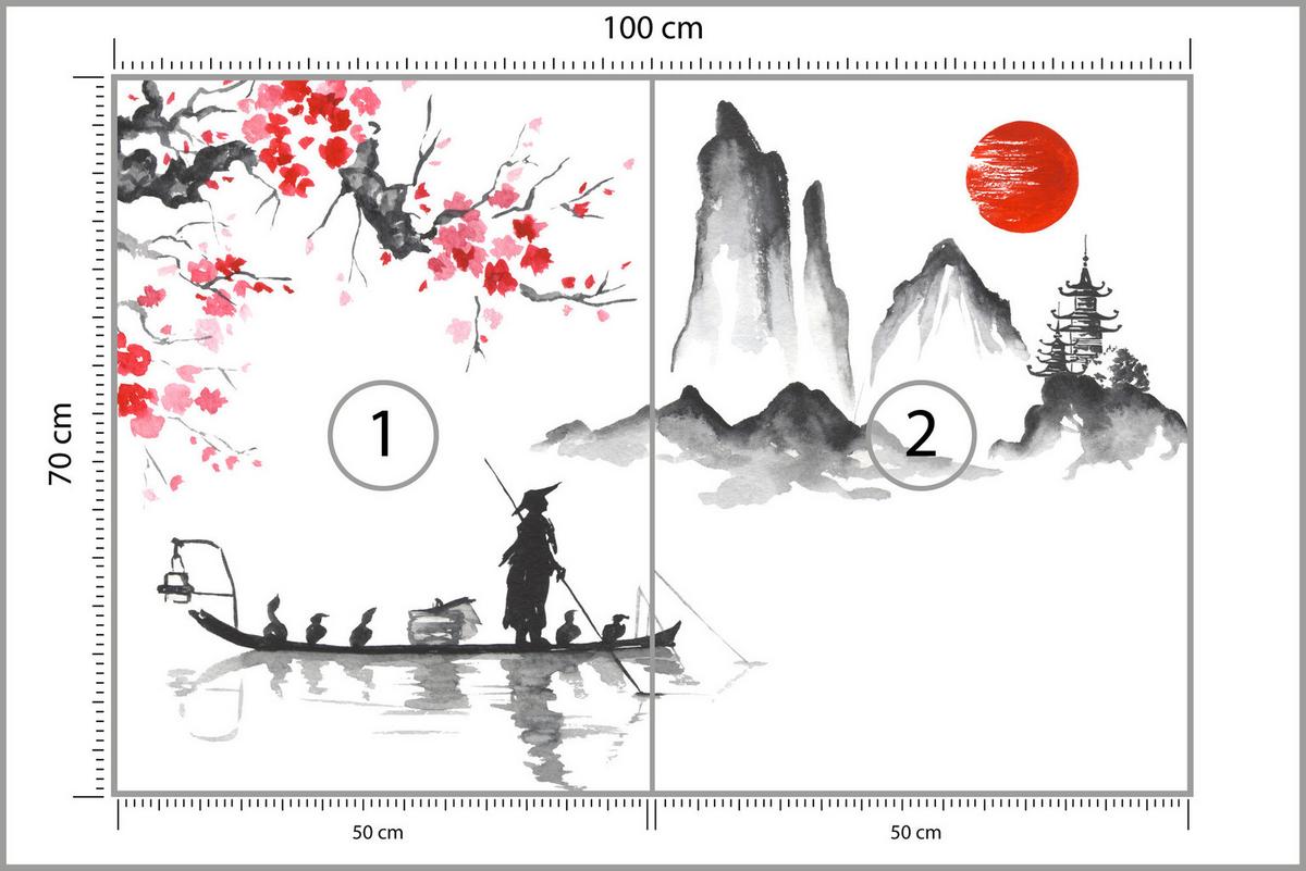 FOTOTAPETE Japanische Landschaft Aquarell 100x70 - Rot/Schwarz, Papier (100/70cm) - Muralo