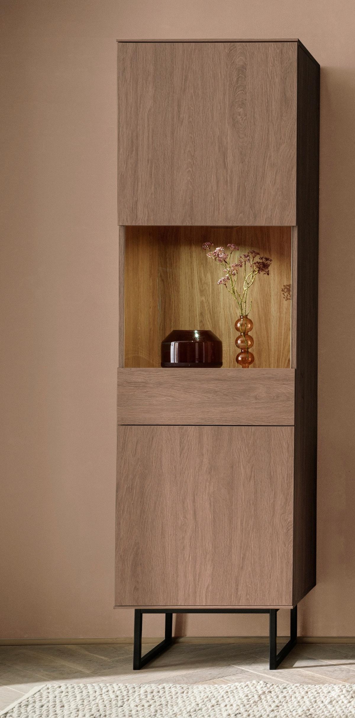 VITRINE in Nussbaum 58 x 200 cm, Vitrinenschrank mit Push-to-Open - Nussbaumfarben/Schwarz, Glas/Holzwerkstoff (58/200/40cm) - Furn.Design