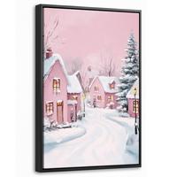 LEINWAND Bilder mit Rahmen - Weihnachtsdorf - Rosa - Winter - Schnee - Häuser - 20x30 - Altrosa, Textil (20/30cm) - MuchoWow