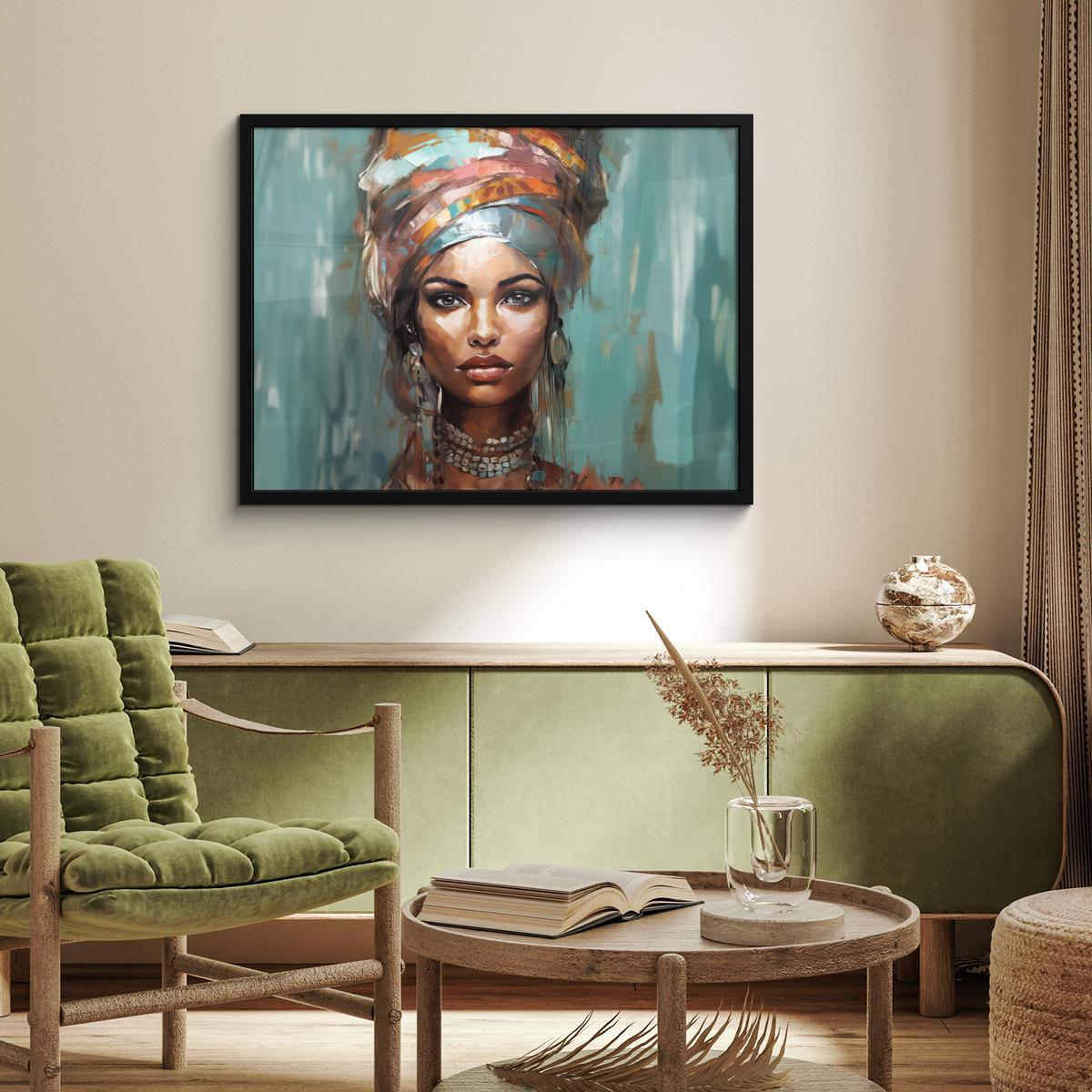 POSTER MIT RAHMENGERAHMTES BILD Frau - Kunst - Schmuck - Porträt 80x60 cm - Blaugrau, Papier (80/60cm) - MuchoWow