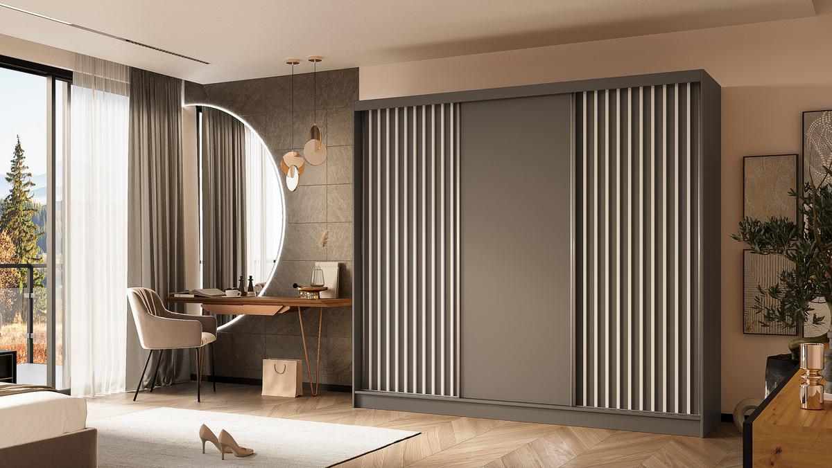 KLEIDERSCHRANK mit furnierten Schiebetüren und Aluminium-Leisten - LABELO - 240 cm Grau+Grau+Weiß - Weiß/Grau, Holzwerkstoff (240/216/61cm) - ALTDECOR