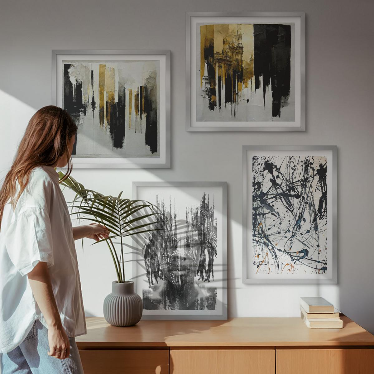 BILDER SET 4er Set - 50x50 cm & 40x60 cm Silberner Rahmen - Kontrastierende abstrakte Porträts - Silberfarben, Kunststoff (50/50cm) - TULUP