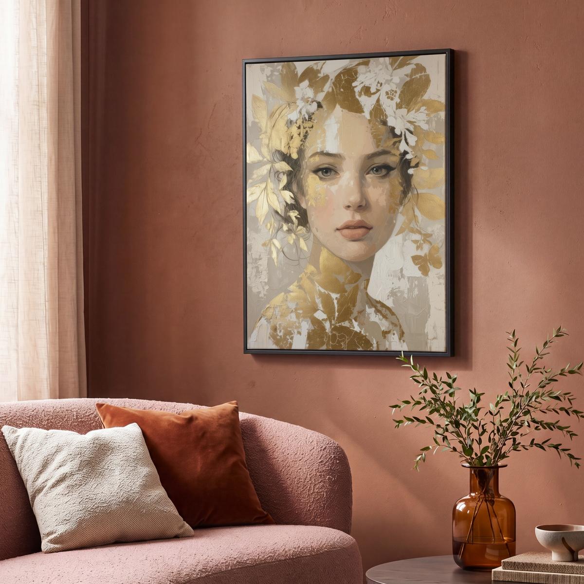 LEINWAND Bilder mit Rahmen - Gesicht - Frau - Blätter - Gold - 70x100 - Beige, Textil (70/100cm) - MuchoWow