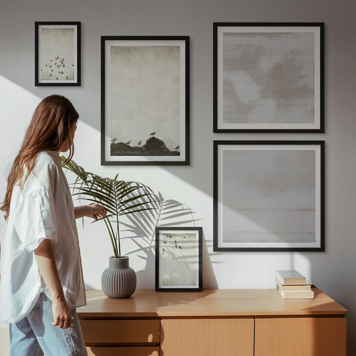 BILDER SET 5er Set - 50x50 cm & 20x30 cm & 40x60 cm Schwarzer Rahmen - Minimalistische Vögel im Flug - Schwarz, Kunststoff (40/60cm) - TULUP