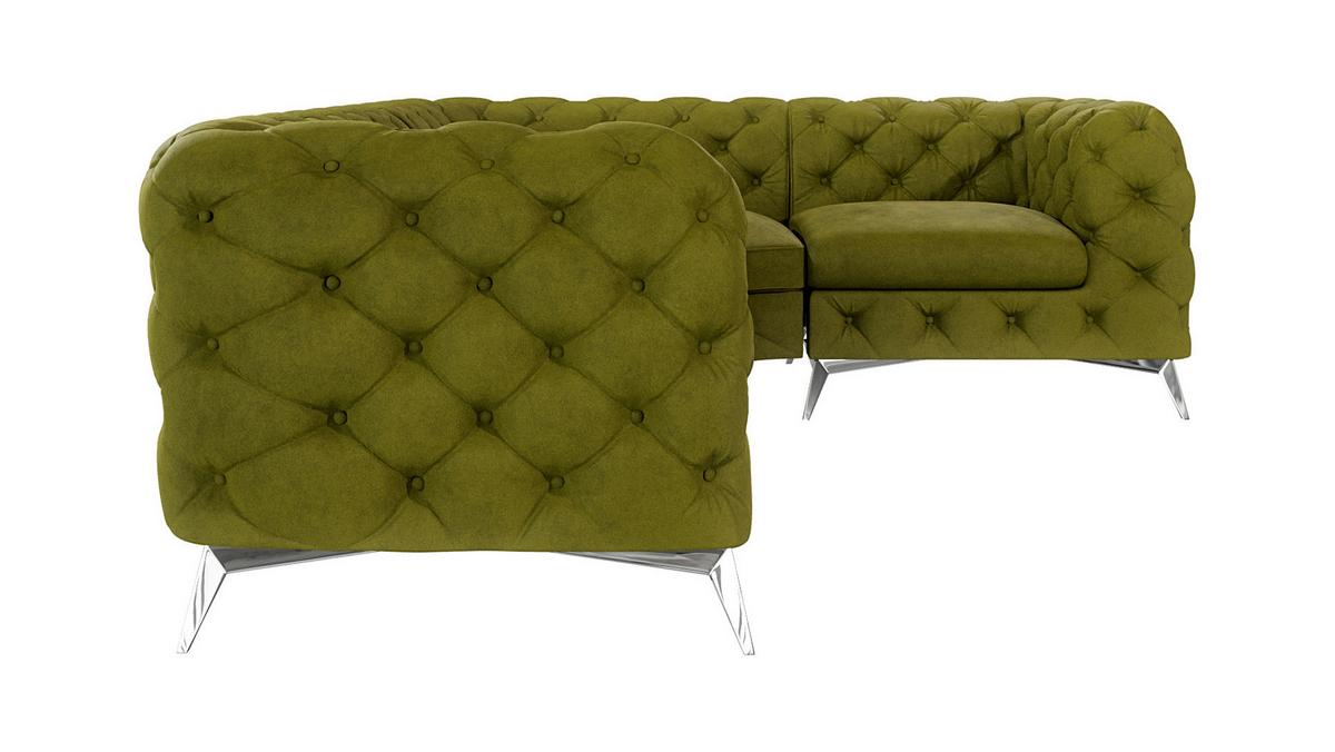 ECKSOFA Chesterfield Laura Olive Samt, Ottomane rechts - Silberfarben/Olivgrün, Holz/Textil (264/204cm) - S-Style Möbel