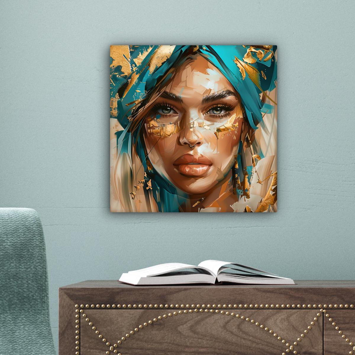 LEINWANDBILD Frau - Porträt - Gold - Luxus - Blau Deko Wohnzimmer 20x20 cm - Türkis, Textil (20/20cm) - MuchoWow