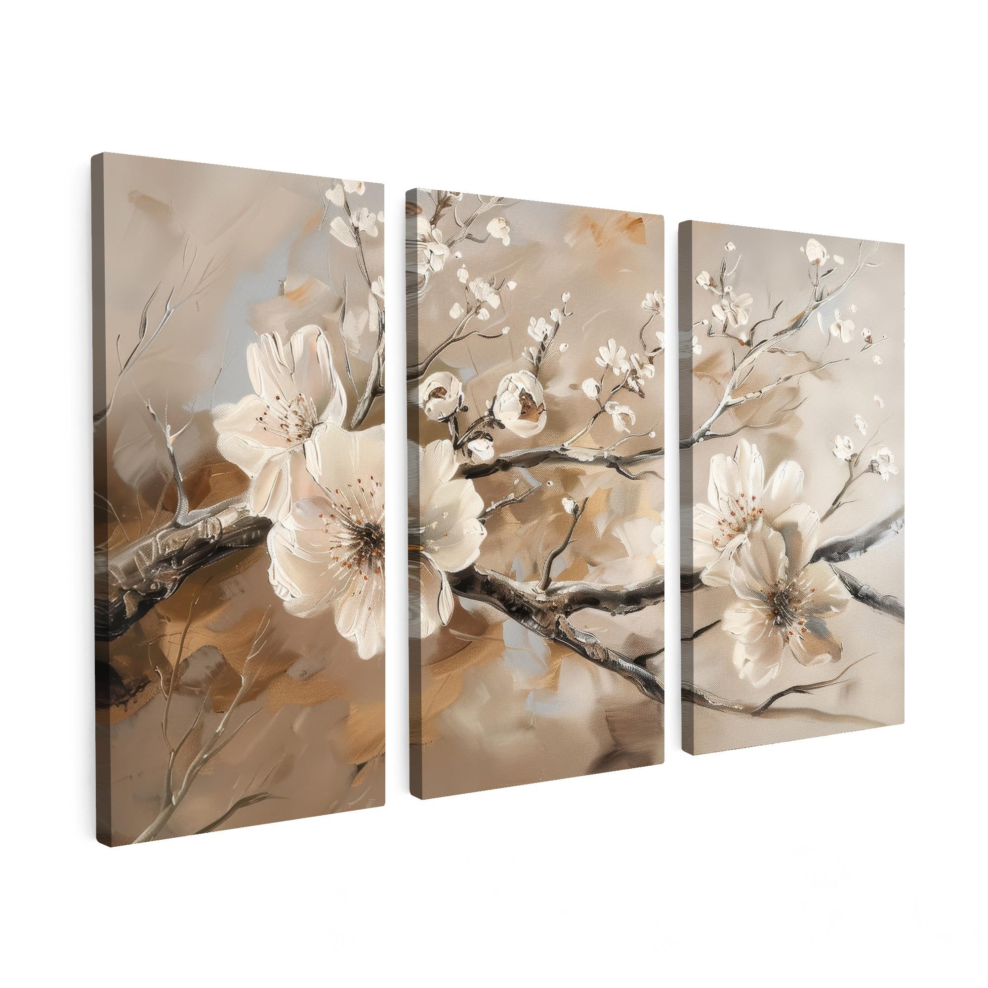 LEINWANDBILD 3er Set Blüte - Beige - Abstrakt - Blumen 90x60 cm - Hellbraun, Textil (90/60cm) - MuchoWow