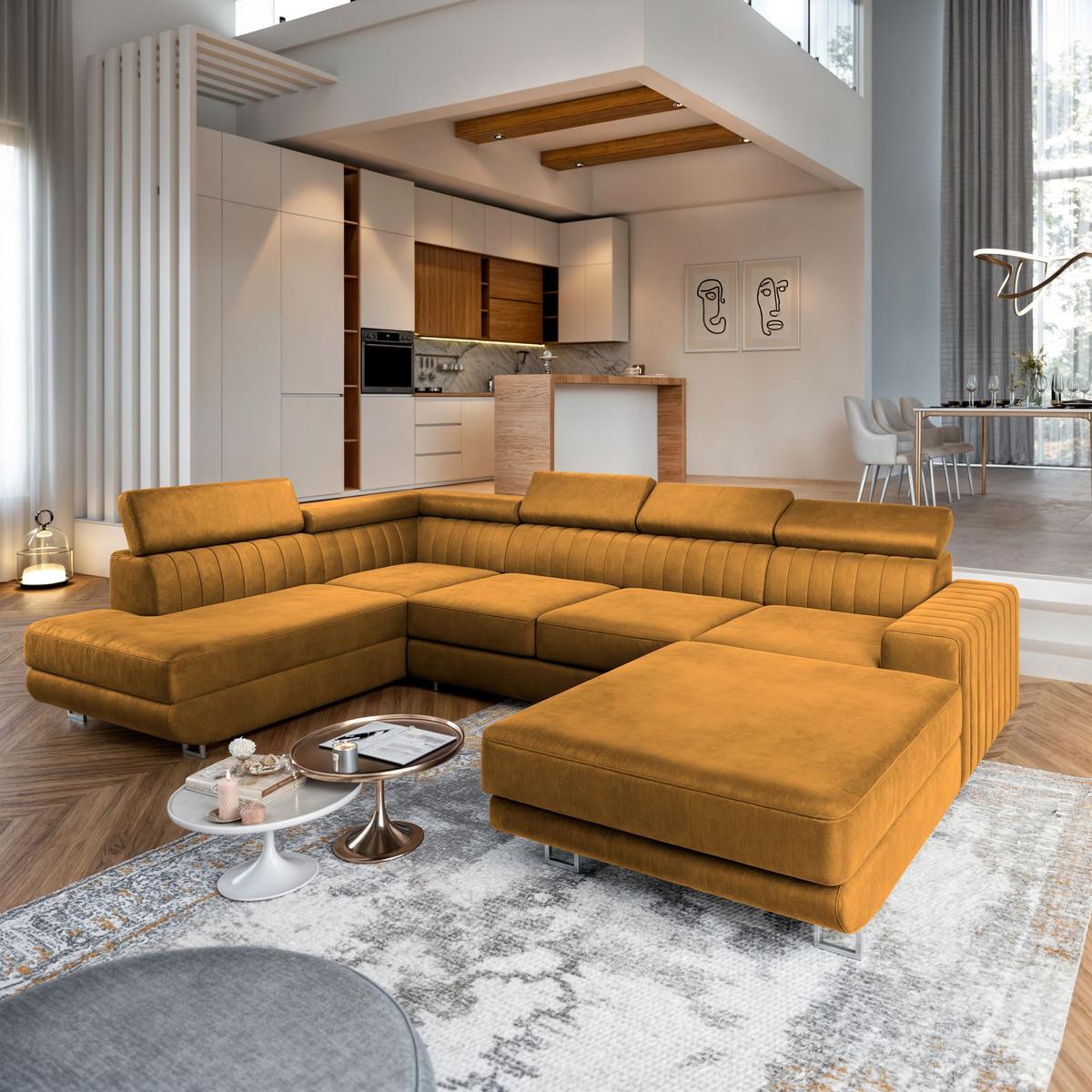 WOHNLANDSCHAFT SIENA L-S Gelb Velours-Stoff mit Schlaffunktion - Gelb/Silberfarben, Holz/Textil (335/89/190cm) - MASSENO