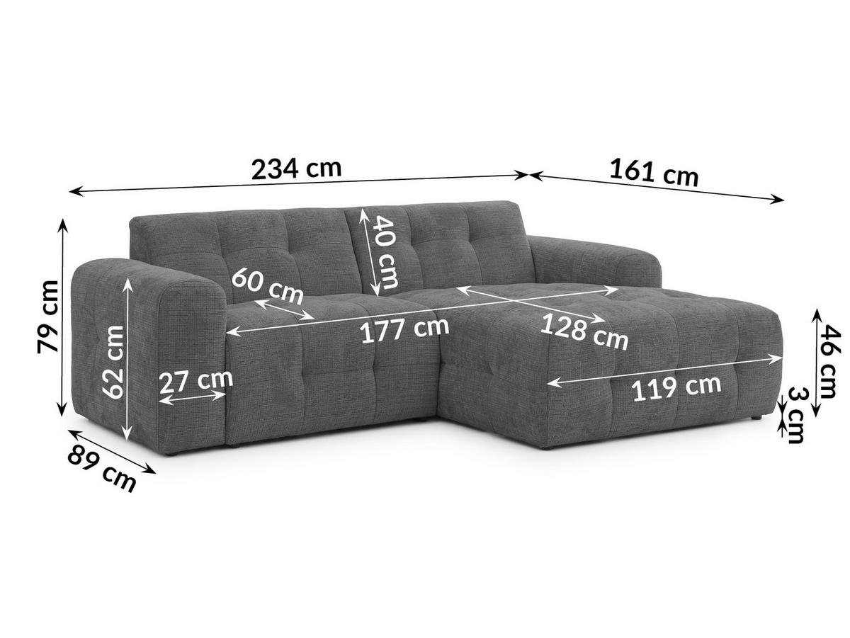 ECKSOFA Kozy im Bumpy-Design mit fester Rückenlehne aus weichem Grau Chenille-Stoff - Ottomane rechts - Schwarz/Grau, Holz/Kunststoff (234/161cm) - S-Style Möbel