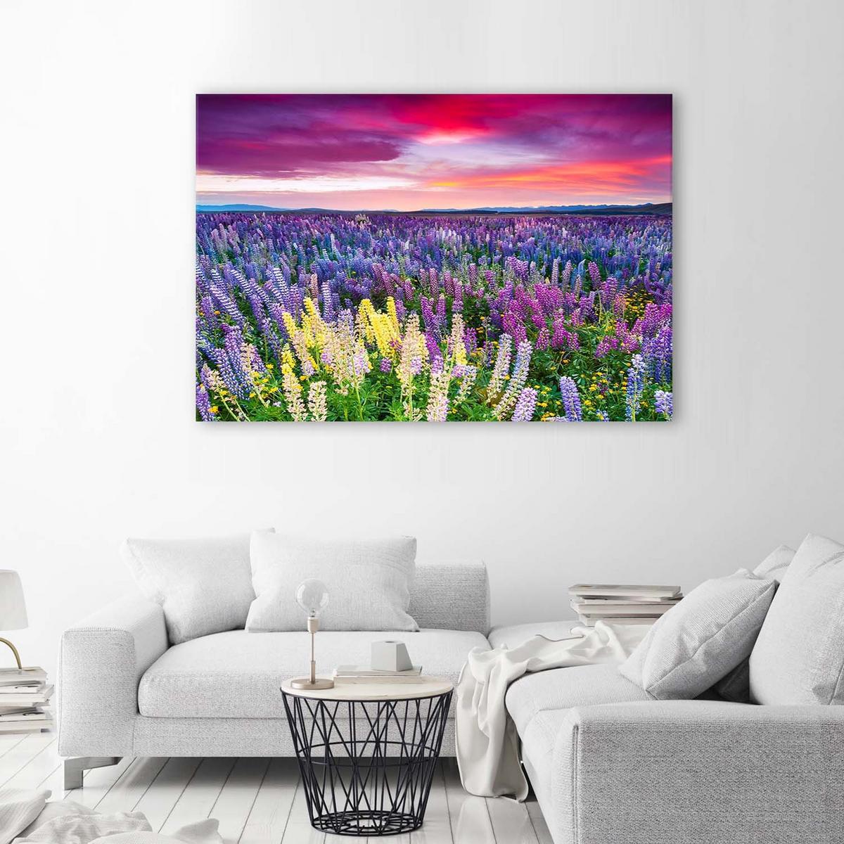 BILD AUF LEINWAND Blühende Wiese 90x60cm - Violett, Textil (90/60cm) - Feeby