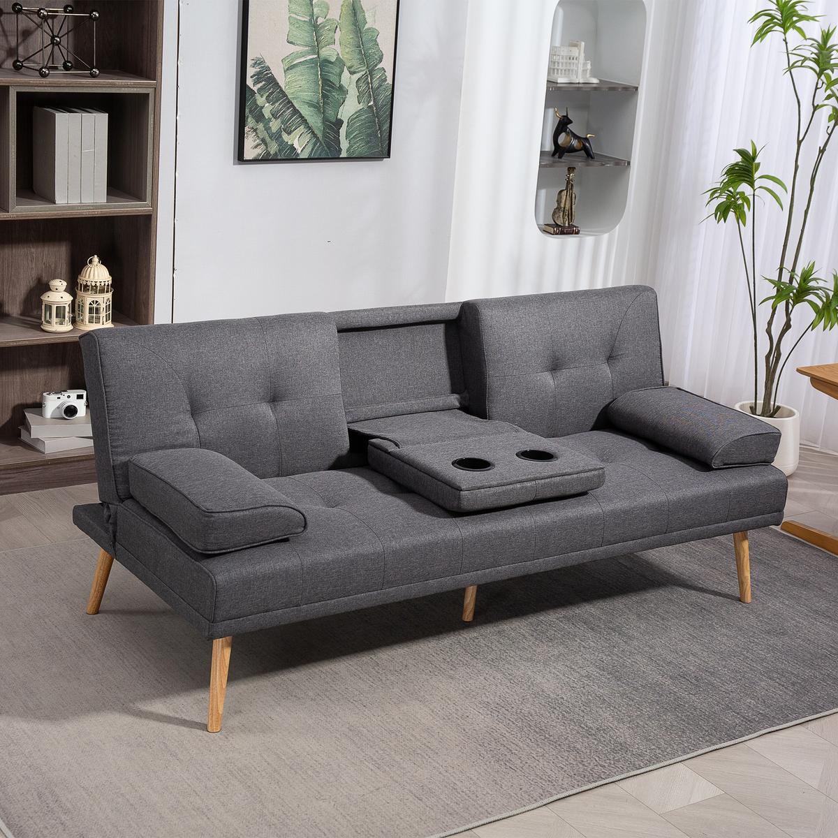SCHLAFSOFA 3-Sitzer-Sofa Bettsofa mit Klappbarem Tisch Stoffsofa mit Leinenoptik - Dunkelgrau/Naturfarben, Holz/Textil (77/78/181cm) - HOMCOM