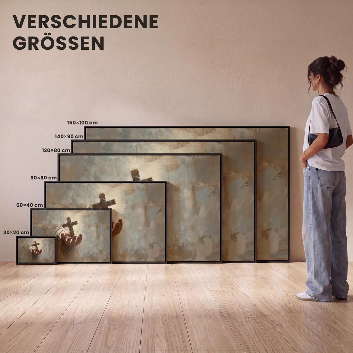 LEINWAND Bilder mit Rahmen - Abstrakt - Kreuz - Hand - Christentum - 150x100 - Hellbraun, Textil (150/100cm) - MuchoWow