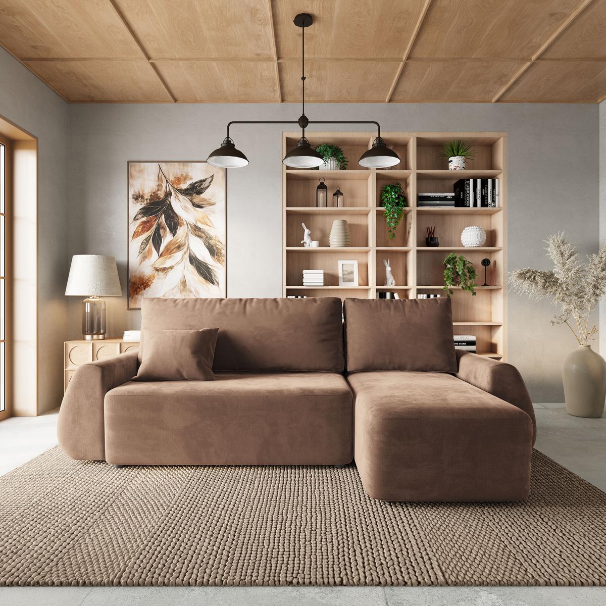 ECKSOFA GALVIS Beige Velours-Stoff mit Schlaffunktion - Beige, Holz (256/156cm) - MASSENO