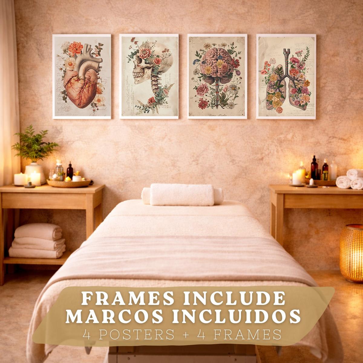 POSTER Set aus 4 Vintage Anatomie Drucke und Wandbilder mit Blumen Herz Lungen Schädel und Gehirn Medizinische Wanddekoration Größe Weißer Rahmen A4 - Weiß, Papier (21/29.7/3cm) - Nacnic