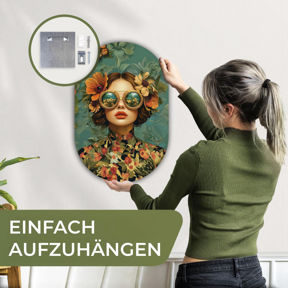 WANDBILD Frau - Blumen - Schmetterlinge - Natur - Vintage Deko Wohnzimmer 40x60 cm - Petrol, Kunststoff (40/60cm) - MuchoWow