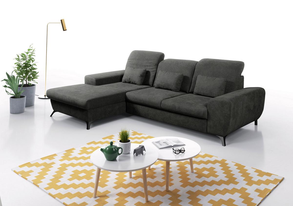 ECKSOFA LUCE L-S Grau Plüsch-Stoff mit Schlaffunktion - Grau, Holz (279/172cm) - MASSENO