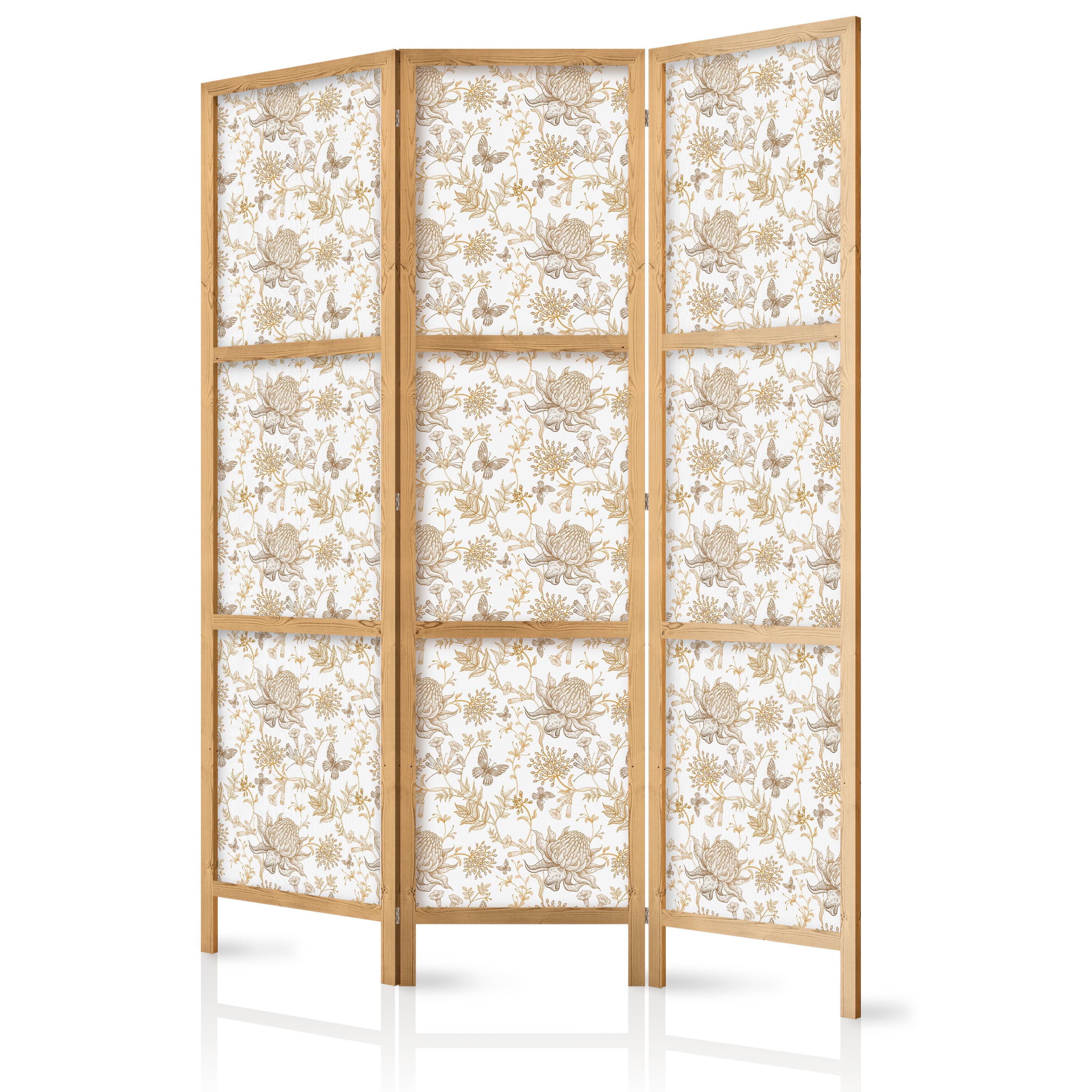 PARAVENT Japanischer 3-tlg 135x172 cm Braune Bl tter - Beige, Holz/Textil (135/172/3cm) - Muralo