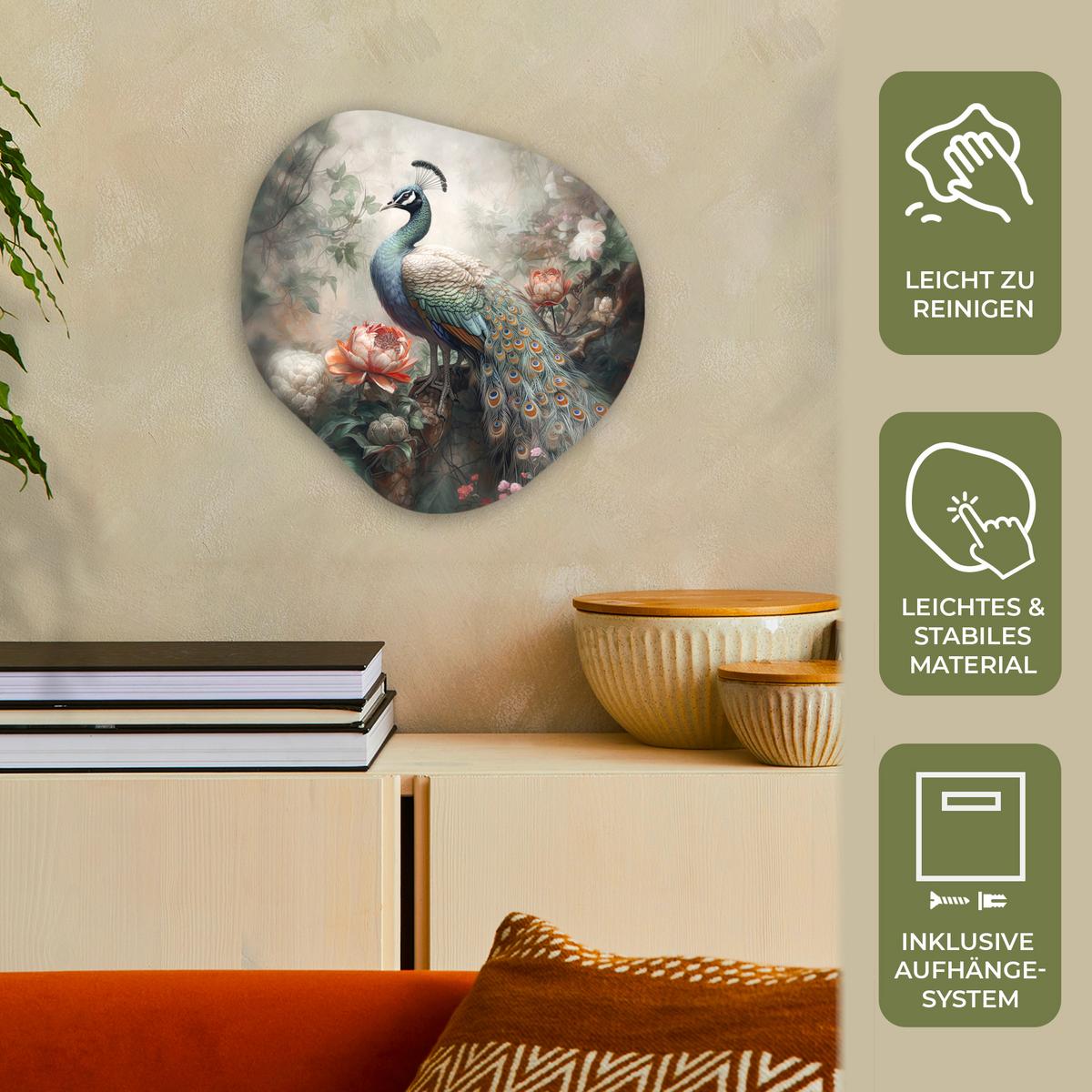 WANDBILD Pfau - Pfauenfedern - Vogel - Dschungel - Blumen Wanddeko 40x40 cm - Smaragdgrün, Kunststoff (40/40cm) - MuchoWow