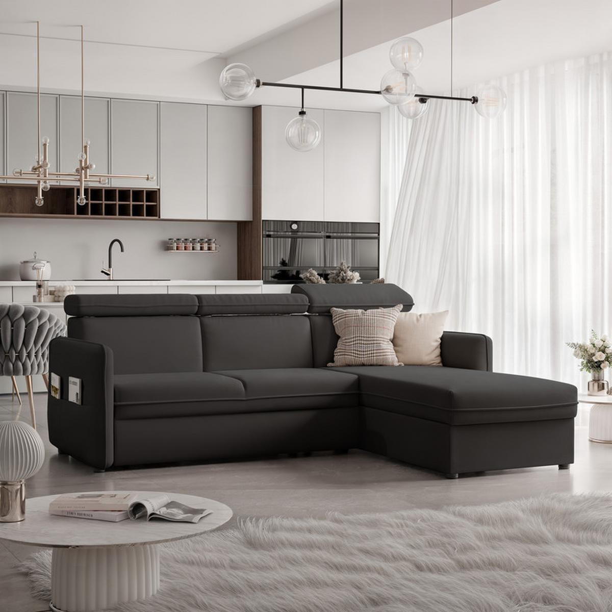 ECKSOFA BENI mit Schlaffunktion und Bettkasten, Stoff Anthrazit - Anthrazit, Kunststoff/Textil (220/160cm) - Idohome
