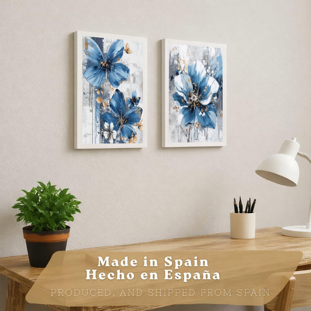 POSTER 2er-Set Wandbilder Blumen Blau Braun modern Wohnzimmer Deko, Schlafzimmer, Küche, Badezimmer Weißer Rahmen A3 - Weiß, Papier (29.7/1/42cm) - Nacnic