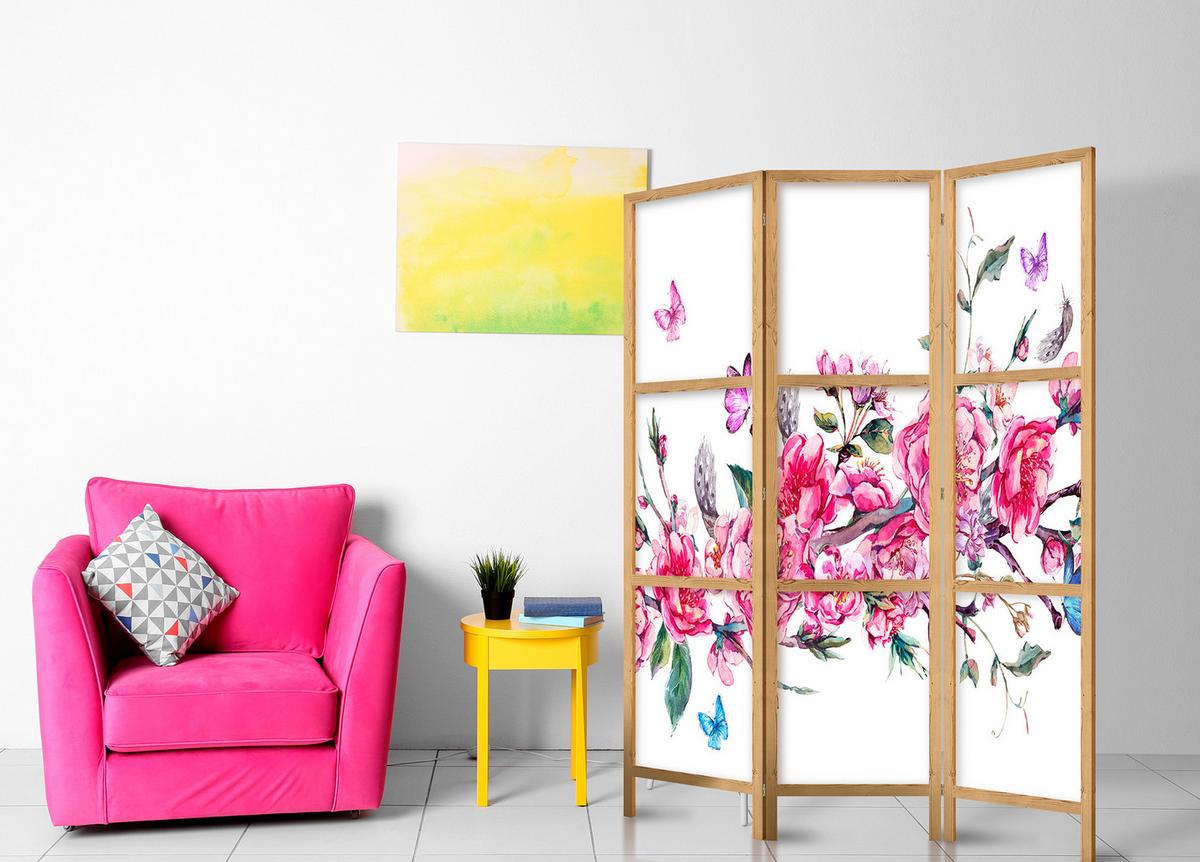 PARAVENT Japanischer 3-tlg 135x172 cm Bunte Blumen - Rosa, Holz/Textil (135/172/3cm) - Muralo