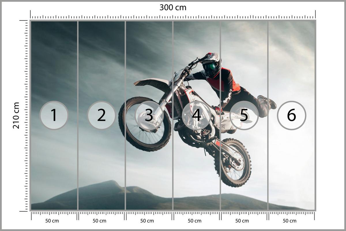 FOTOTAPETE für Jugendzimmer Motocross Sprung Mann Sport Berge Action 300x210 - Grau, Papier (300/210cm) - Muralo