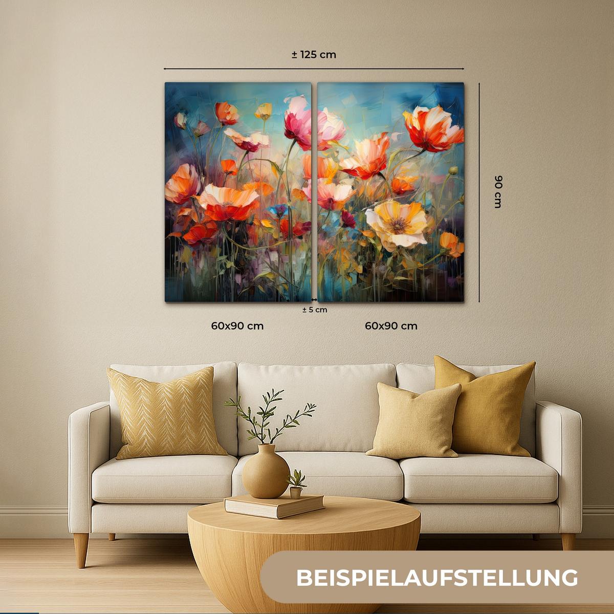 LEINWANDBILD 2er Set Blumen - Bunt - Abstrakt 120x90 cm - Blaugrau, Textil (120/90cm) - MuchoWow
