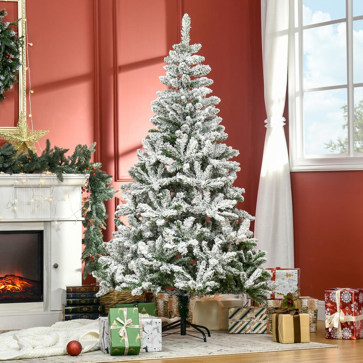 KÜNSTLICHER WEIHNACHTSBAUM mit Kunstschnee, Indoor 180 cm - Grün, Kunststoff/Metall (180cm) - HOMCOM