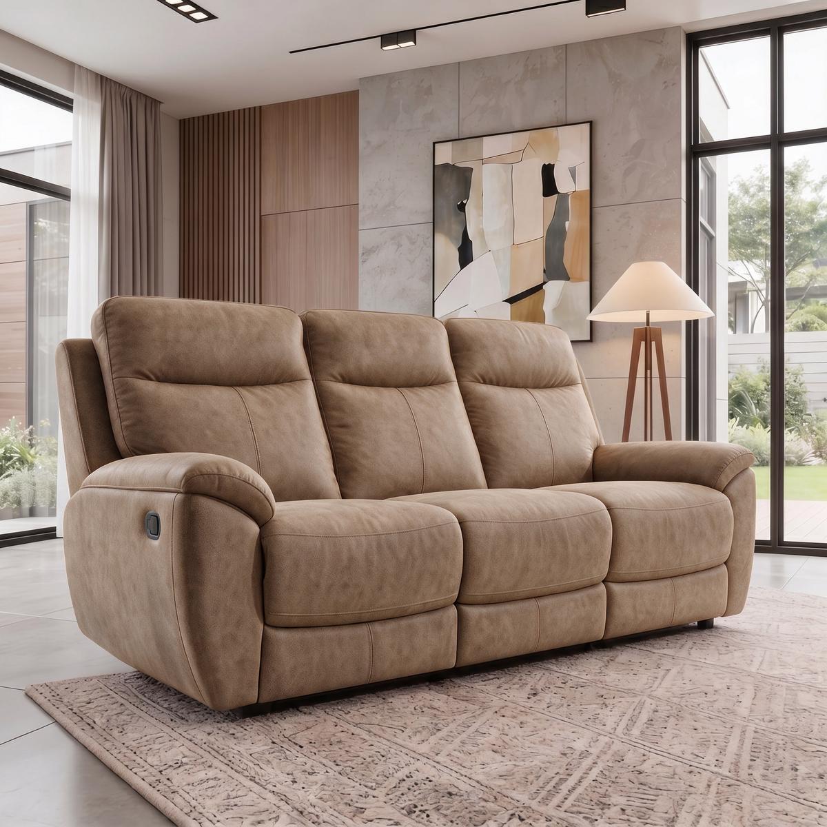 3-SITZER-RELAXSOFA Dolce, mit Relaxfunktion, 215 cm, Sandfarben, Velours - Braun, Textil (215/106/100cm) - Beautysofa