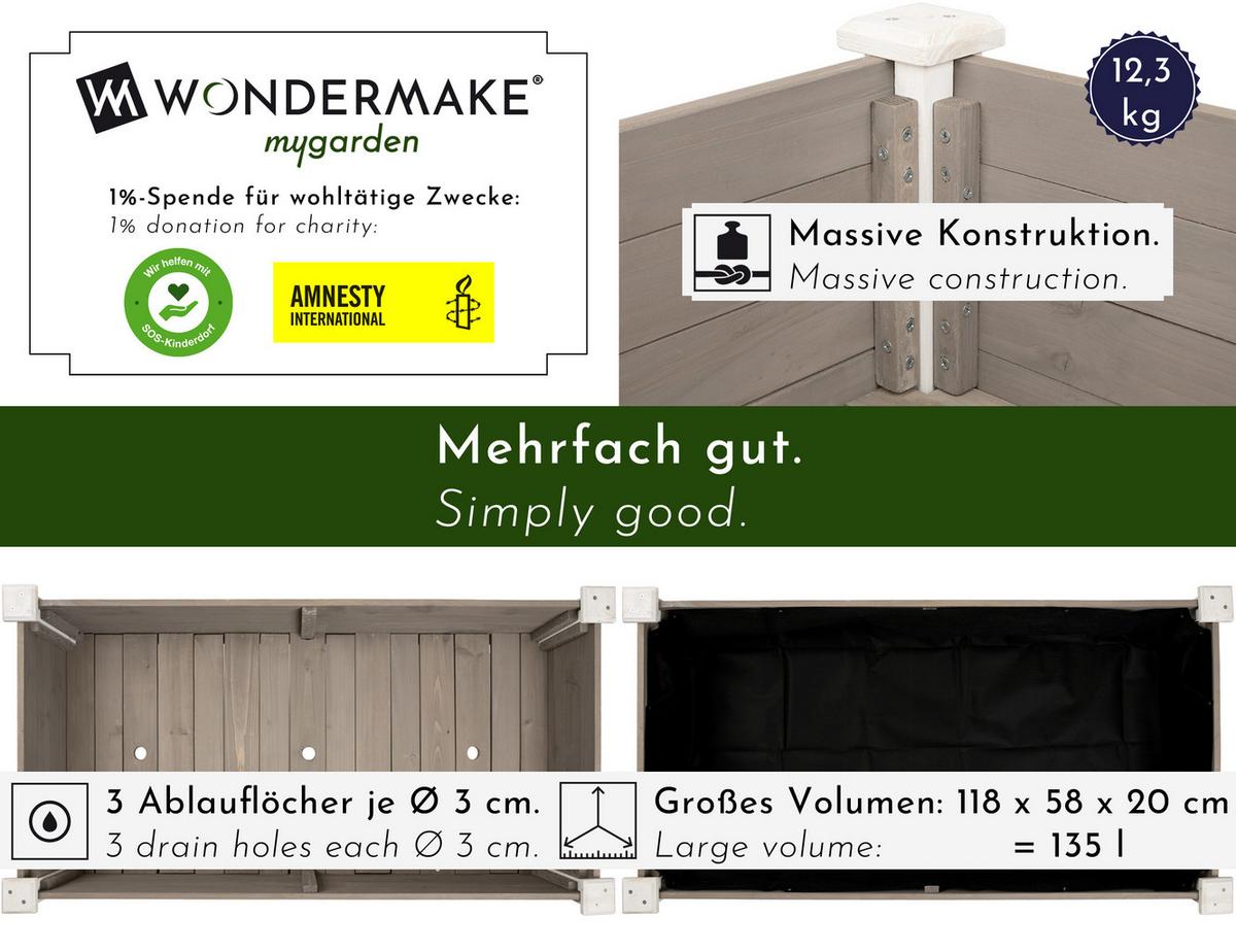 HOCHBEET aus Holz für Garten & Balkon, rechteckig mit Vlies-Folie - Weiß, Holz (124/75/63cm) - WONDERMAKE