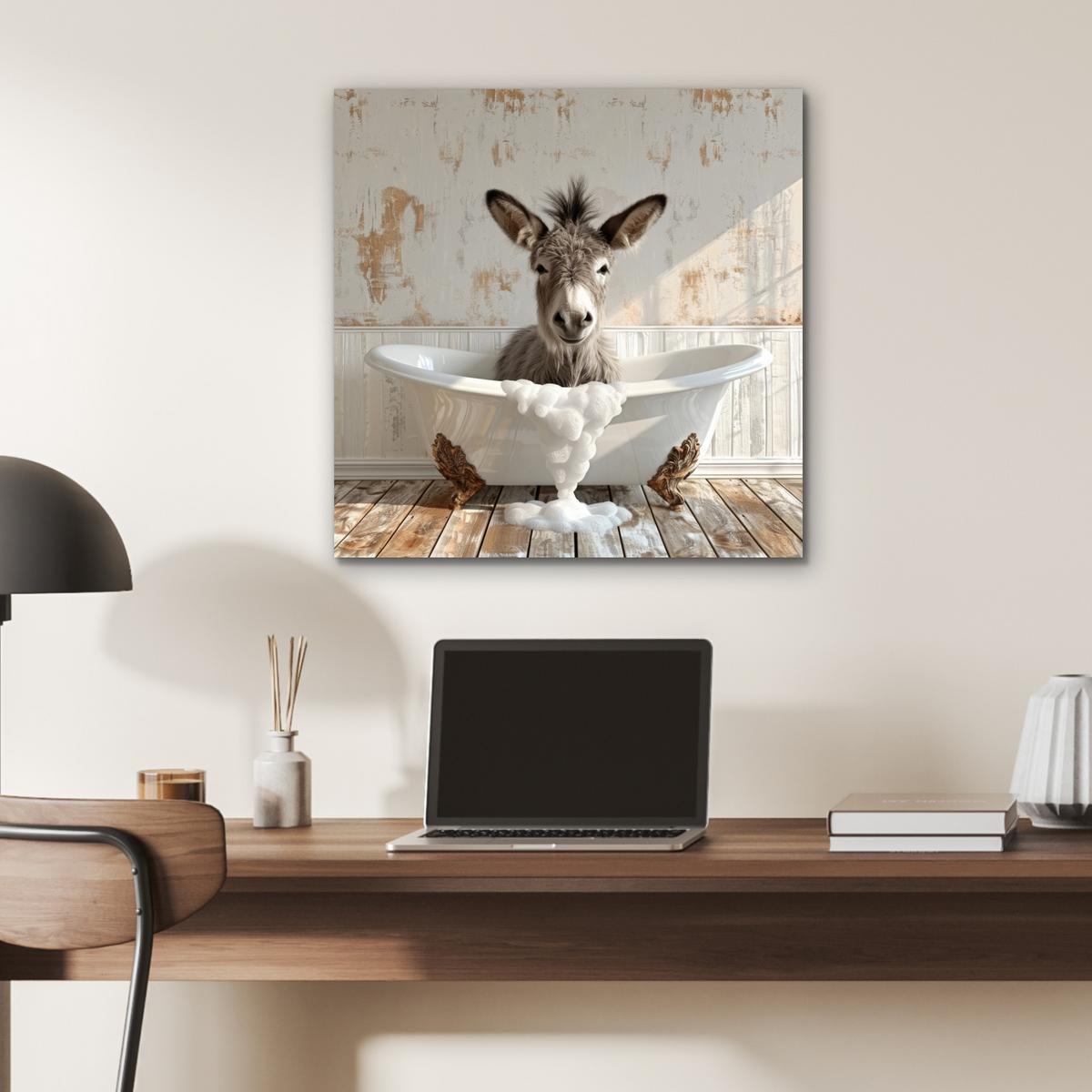 METALLBILD Esel - Tiere - Badewanne - Schaumstoff 50x50 cm - Weiß, Metall (50/50cm) - MuchoWow