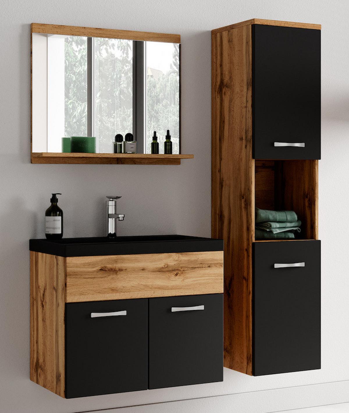 BADMÖBEL-SET Montreal 4 Teile Eiche / Schwarz - 60 x 35 x 51 cm - Eichefarben/Schwarz, Holz (60/51/35cm) - Badplaats