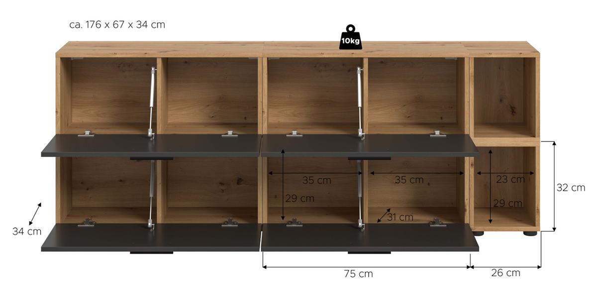 TV-LOWBOARD grau, Eiche Artisan 176 cm, Fernsehtisch hängend / stehend - Schwarz/Eiche Artisan, Holzwerkstoff/Kunststoff (176/67/34cm) - Inn.Furn