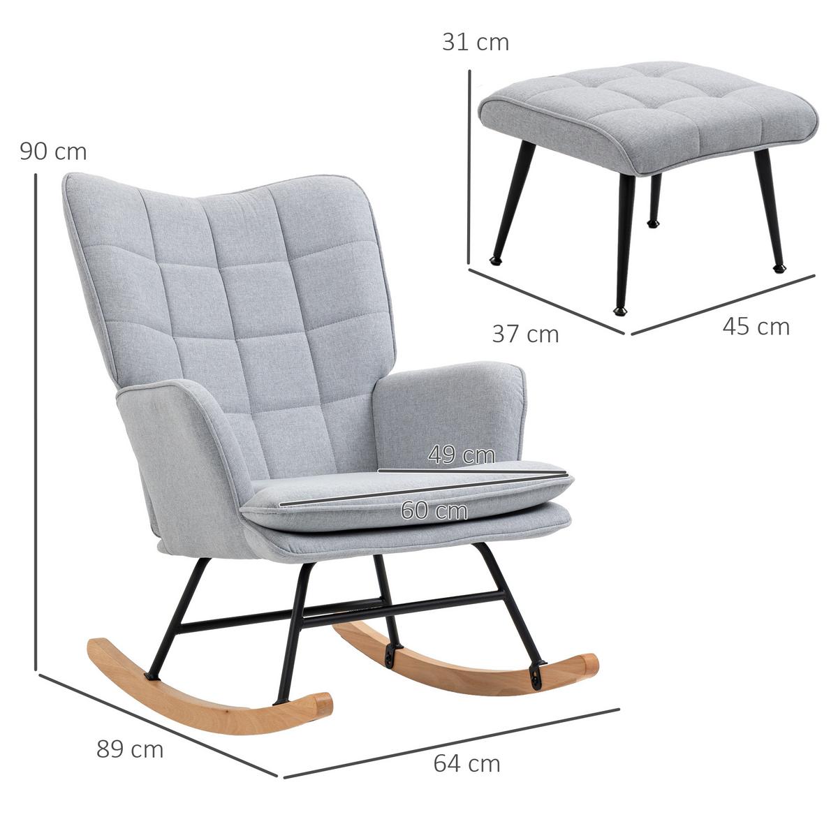 SCHAUKELSTUHL Schwingsessel mit Hocker Armlehnsessel Relaxsessel mit Leinenoptik - Hellgrau/Schwarz, Buchenholz/Textil (89/90/64cm) - HOMCOM
