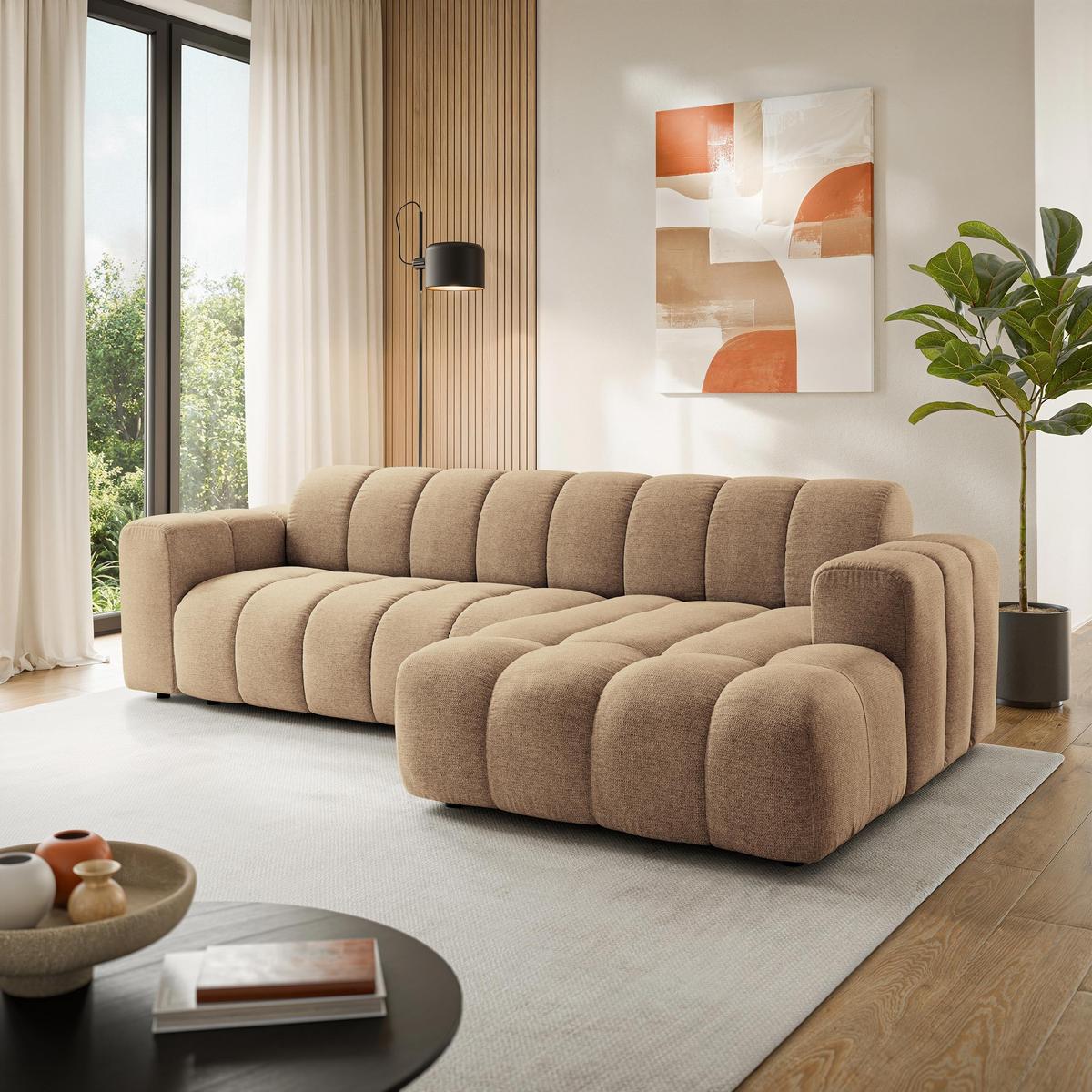 ECKSOFA SETIA Beige Strukturstoff mit Schlaffunktion - Beige, Holz (304/165cm) - MASSENO