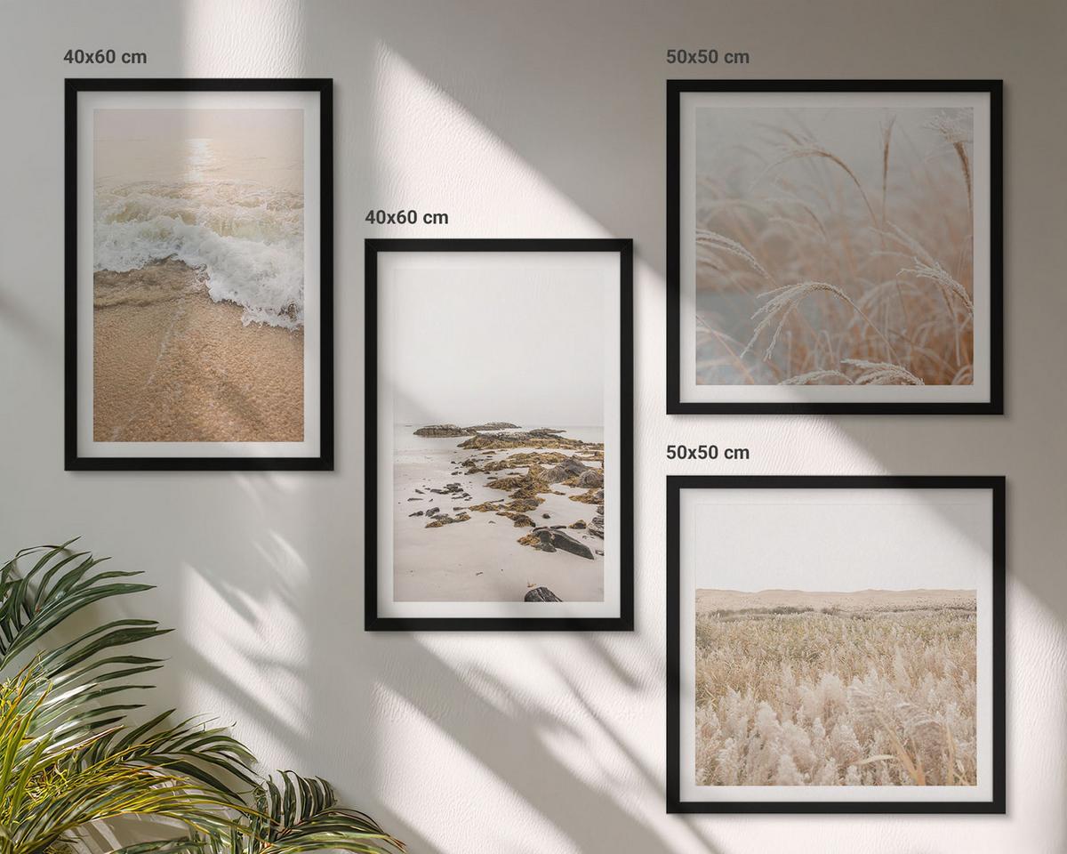 BILDER SET 4er Set - 50x50 cm & 40x60 cm Schwarzer Rahmen - Strandwellen, Steine, Sommer - Schwarz, Kunststoff (50/50cm) - TULUP