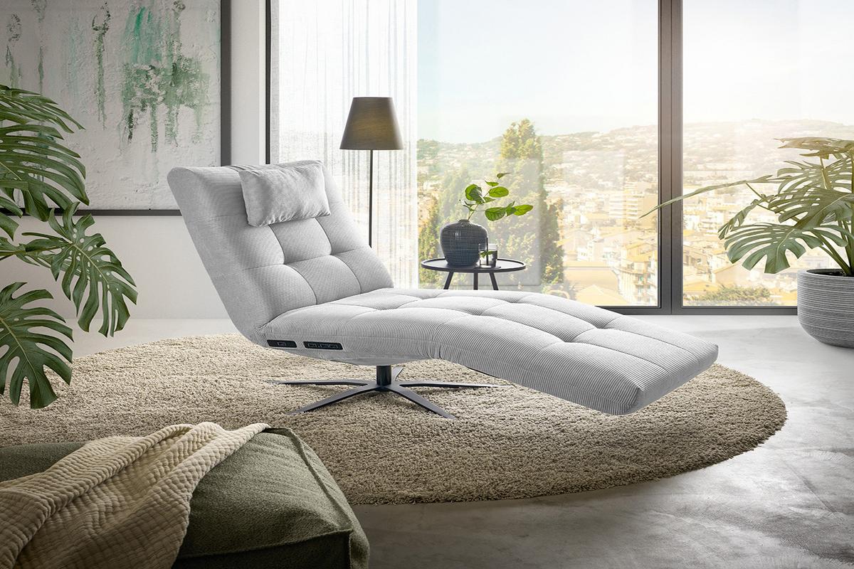 RELAXLIEGE LETICIA Silber Cord Drehbar (360°), Relaxfunktion - Silberfarben/Schwarz, Textil/Metall (82/115/156cm) - KAWOLA
