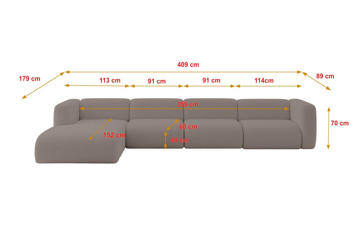 ECKSOFA Ottomane Links MIRA-L3 409x179x70 Braun Bouclé - Dunkelbraun/Schwarz, Holzwerkstoff/Kunststoff (409/179cm) - ALTDECOR