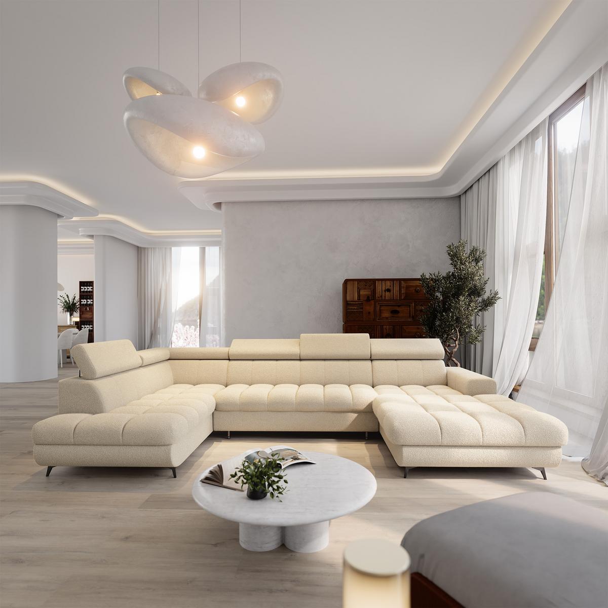 WOHNLANDSCHAFT CORENO Creme Boucle-Stoff mit Schlaffunktion - Creme, Holz (345/88/190cm) - MASSENO