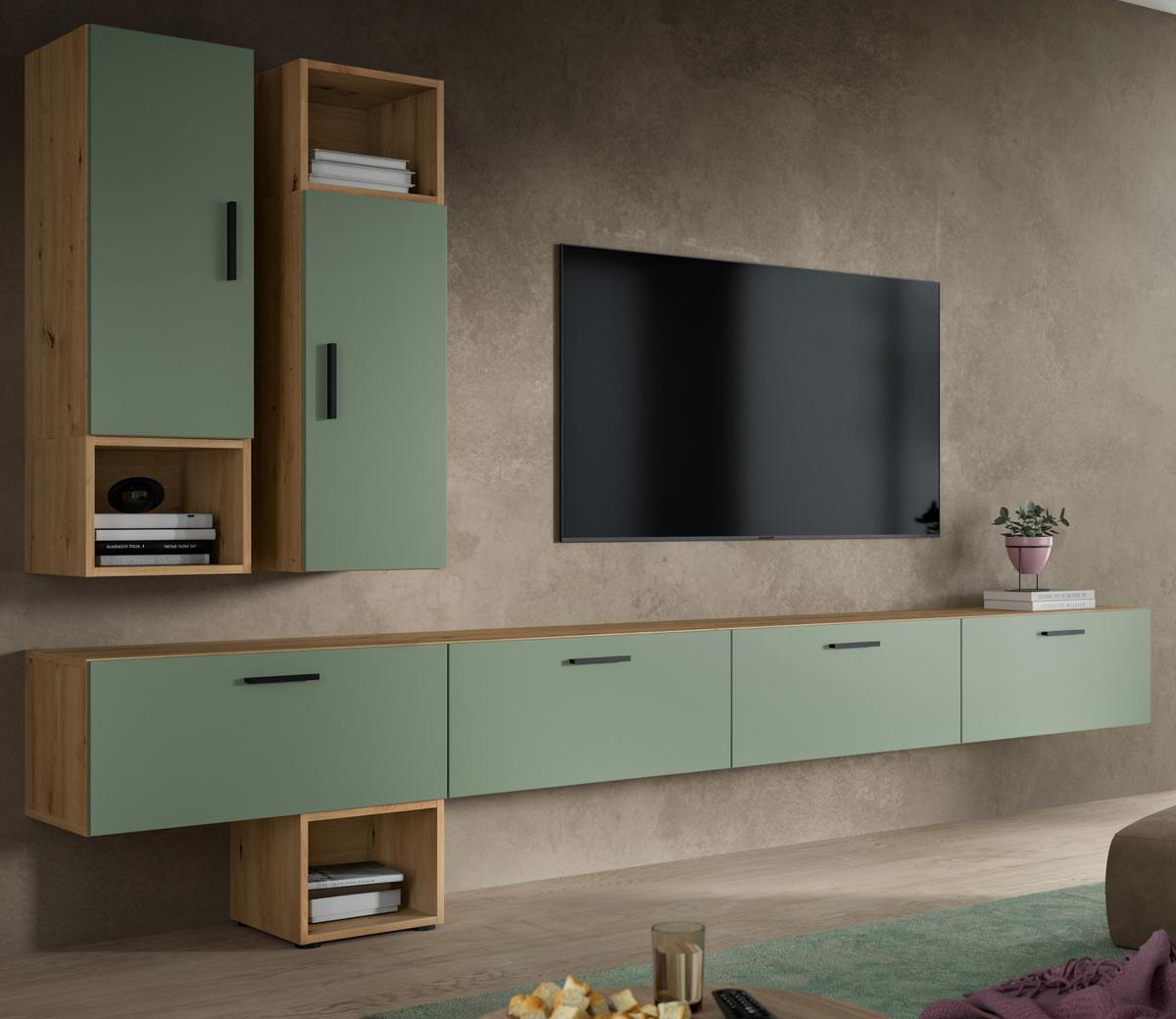 WOHNWAND grün, Eiche Artisan 300 cm, Wohnkombination hängend / stehend - Schwarz/Eiche Artisan, Holzwerkstoff/Kunststoff (300/178/34cm) - Inn.Furn