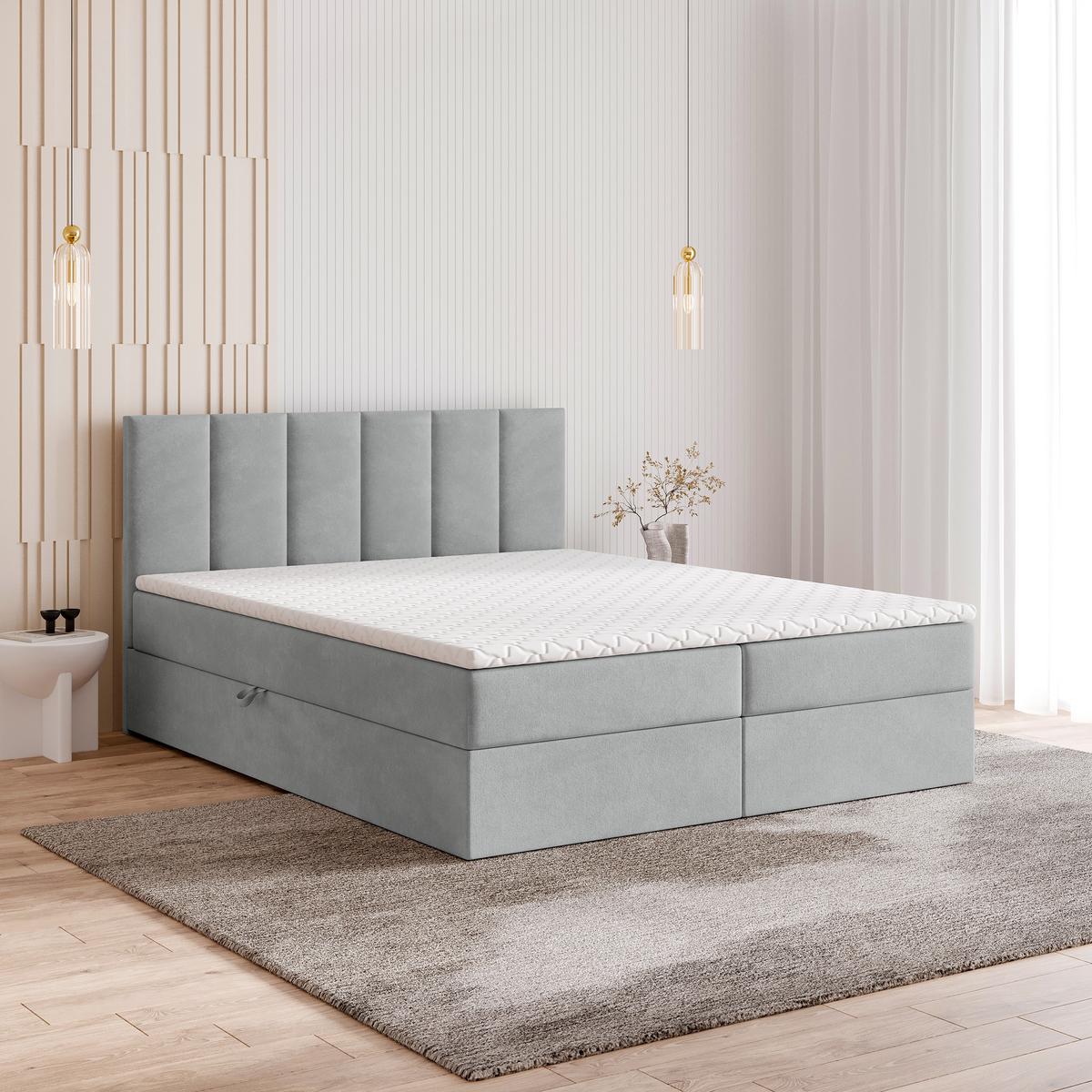 BOXBETT MERIL 160x200 cm mit Matratze und Topper - Hellgrau - Hellgrau, Holz (160/200cm) - MASSENO